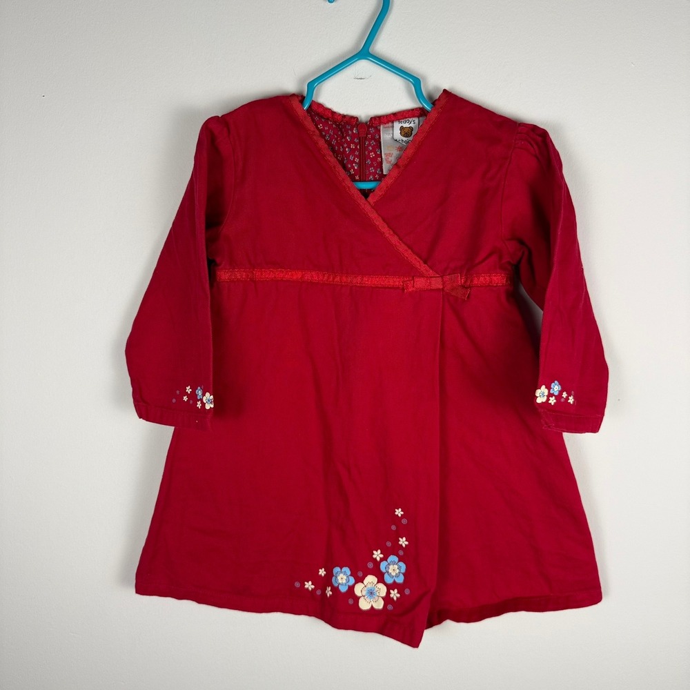 Vintage Teddys Choice Red Floral Embroidered Cotton Long Sleeve Dress 24M